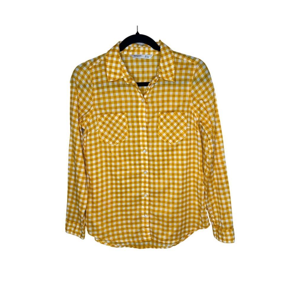 Old Navy Yellow Gingham Button Down Shirt XS Cotton Long Sleeve Plaid Top Check